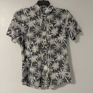 14th Union Trim Fit Shirt Mens S‎ Gray Blue Palm Trees Pineapples Cotton Linen